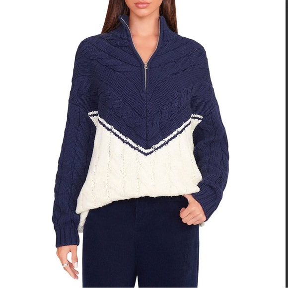 Staud Navy & Cream Half-Zip Cable Knit Sweater - Picture 1 of 12